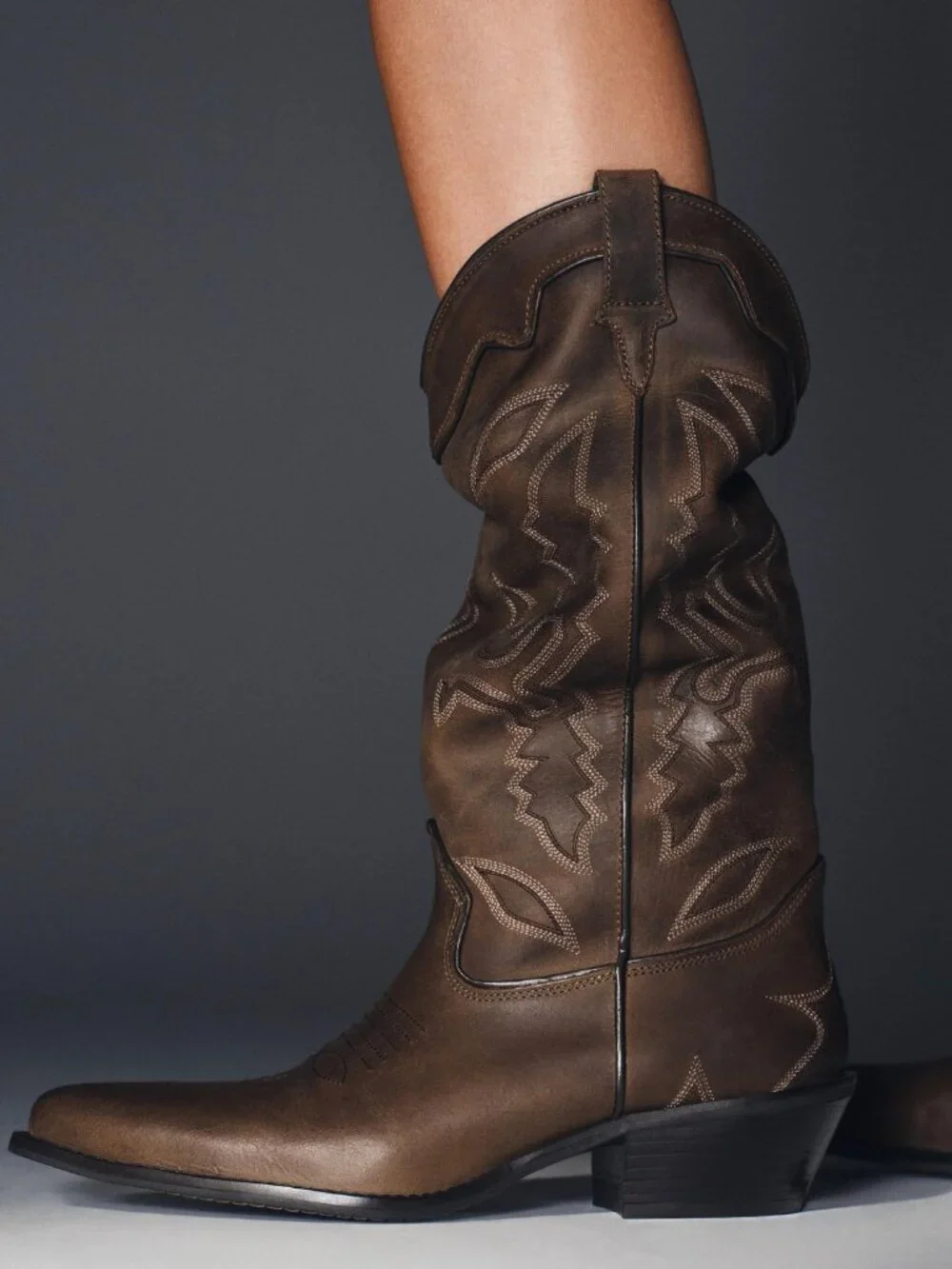 ZARA Tall Leather Cowboy Boots | Distressed Brown | Embroidered | NWT | Size